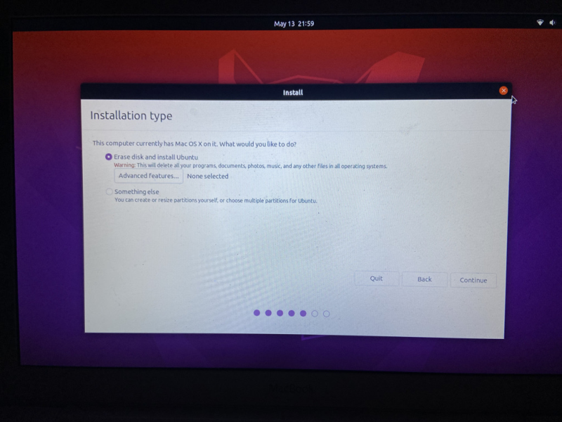 Shows the screen on where you want to install Ubuntu, I have opted to erase the disk